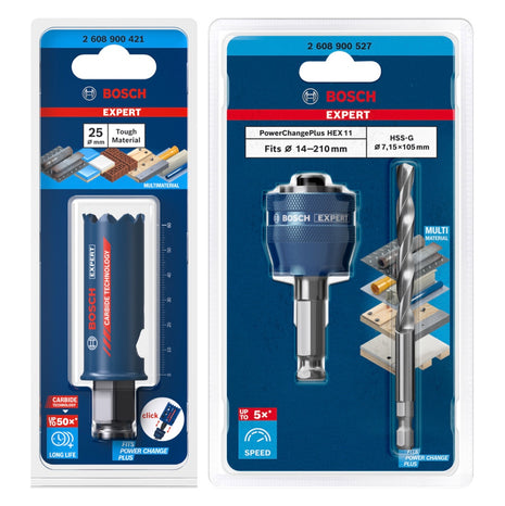 Bosch EXPERT Juego básico de sierra perforadora para materiales resistentes, 25 x 60 mm, carburo (2608900421), universal + adaptador de cambio de corriente (2608900527)