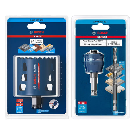 Bosch EXPERT Juego básico de sierra perforadora para materiales resistentes, 67 x 60 mm, carburo (2608900432), universal + adaptador de cambio de corriente (2608900527)