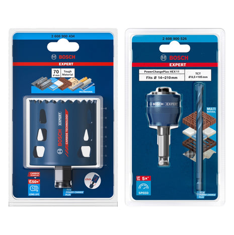 Bosch EXPERT Tough Material Lochsägen Starter Set 70 x 60 mm Carbide ( 2608900434 ) Universal + Power Change Adapter ( 2608900526 )