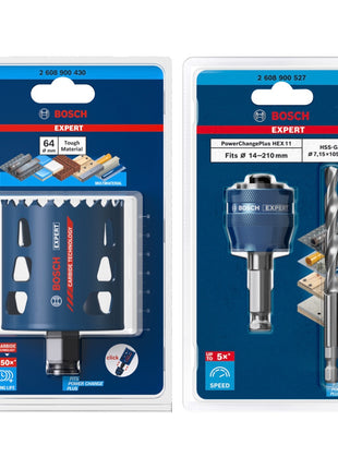 Bosch EXPERT Juego básico de sierra perforadora para materiales resistentes, 64 x 60 mm, carburo (2608900430), universal + adaptador de cambio de corriente (2608900527)