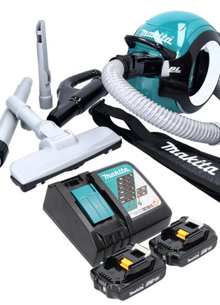 Aspirador de batería Makita DCL 501 RA 18 V sin escobillas + 2x baterías 2,0 Ah + cargador + accesorios