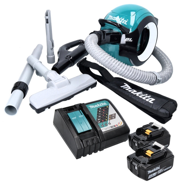 Aspirador de batería Makita DCL 501 RT 18 V sin escobillas + 2x baterías 5,0 Ah + cargador + accesorios