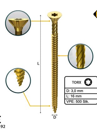 FORTE Tools Universal Holzschraube 3,0 x 16 mm T10 500 Stk. ( 000051399461 ) gelb verzinkt Torx Senkkopf Vollgewinde - Toolbrothers