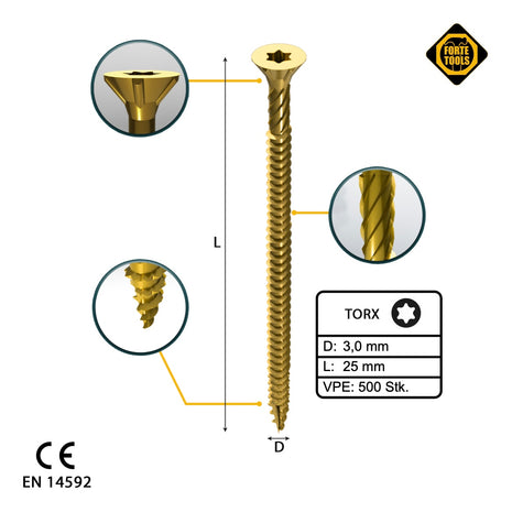 FORTE Tools Vis à bois universelle 3,0 x 25 mm T10, Argent galvanisé, Tête fraisée Torx, Filetage total, 500 pcs. (000051399463)