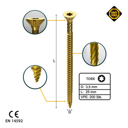 FORTE Tools Tornillo universal para madera 3,5 x 25 mm T15 200 piezas (000051399467) cabeza avellanada Torx galvanizada amarilla rosca completa