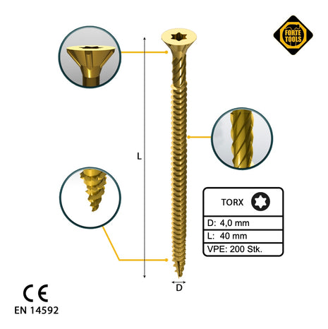 FORTE Tools Vis à bois universelle 4,0 x 40 mm T20, Galvanisée jaune, Tête fraisée Torx, Filetage total, 200 pcs. (000051399474)