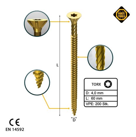 FORTE Tools Vis à bois universelle 4,0 x 60 mm T20, Galvanisée jaune, Tête fraisée Torx, Filetage total, 200 pcs. (000051399476)