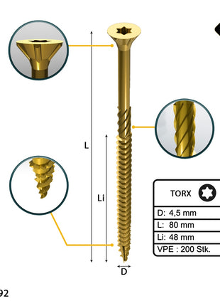 FORTE Tools Tornillo universal para madera 4,5 x 80 mm T20 200 piezas (000051399482) rosca parcial Torx cabeza avellanada galvanizada amarilla