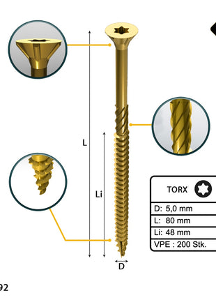 FORTE Tools Universal Holzschraube 5,0 x 80 mm T25 200 Stk. ( 000051399489 ) gelb verzinkt Torx Senkkopf Teilgewinde