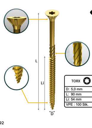 FORTE Tools Tornillo universal para madera 5,0 x 90 mm T25 100 piezas (000051399490) rosca parcial Torx cabeza avellanada galvanizada amarilla