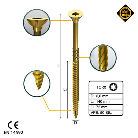 FORTE Tools Tornillo universal para madera 6,0 x 140 mm T30 50 piezas (000051399498) rosca parcial Torx cabeza avellanada galvanizada amarilla