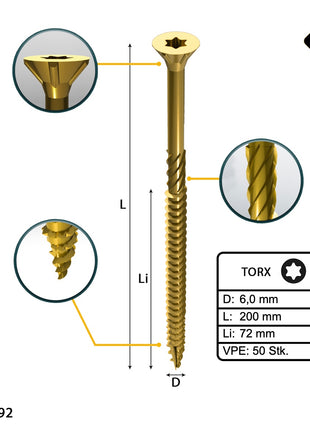 FORTE Tools Tornillo universal para madera 6,0 x 200 mm T30 50 piezas (000051399501) rosca parcial Torx cabeza avellanada galvanizada amarilla