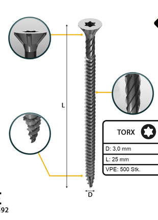 FORTE Tools Tornillo universal para madera 3,0 x 25 mm T10 500 piezas (000040113858) galvanizado en plata Torx cabeza avellanada rosca completa