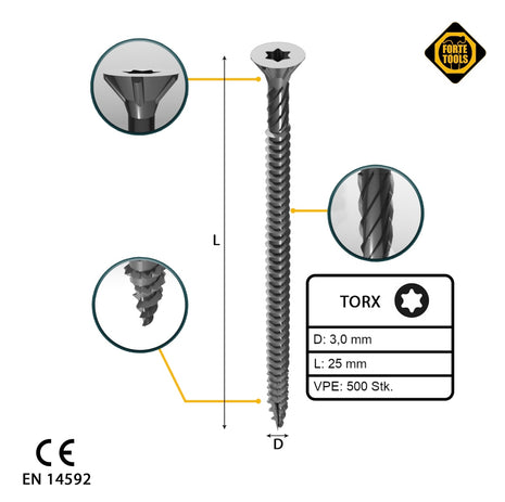 FORTE Tools Universal Holzschraube 3,0 x 25 mm T10 500 Stk. ( 000040113858 ) silber verzinkt Torx Senkkopf Vollgewinde