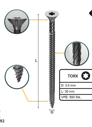 FORTE Tools Universal Holzschraube 3,0 x 30 mm T10 500 Stk. ( 000040113859 ) silber verzinkt Torx Senkkopf Vollgewinde - Toolbrothers