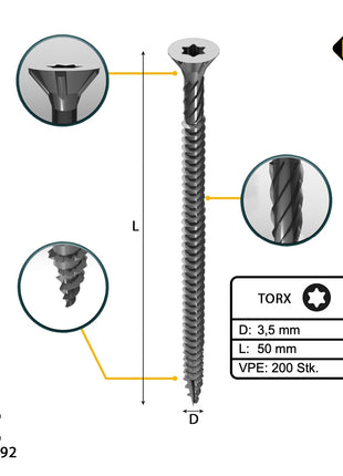 FORTE Tools tornillo universal para madera 3,5 x 50 mm T15 200 piezas (000040113866) galvanizado plateado cabeza avellanada Torx rosca completa