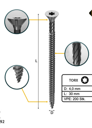 FORTE Tools Tornillo universal para madera 4,0 x 30 mm T20 200 piezas (000040113868) cabeza avellanada Torx galvanizada plateada rosca completa