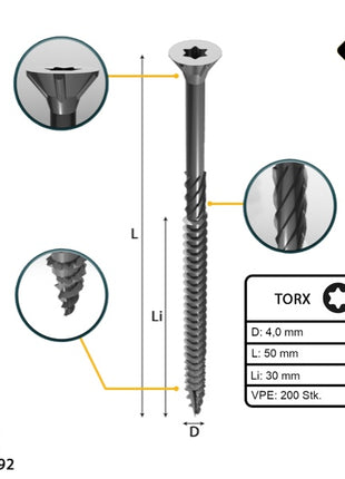 FORTE Tools tornillo universal para madera 4,0 x 50 mm T20 200 piezas (000040113870) galvanizado en plata Torx cabeza avellanada rosca parcial