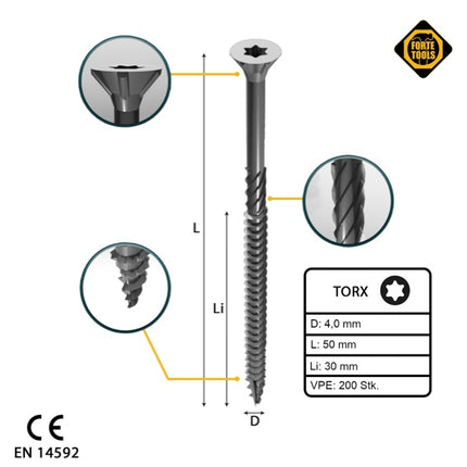 FORTE Tools tornillo universal para madera 4,0 x 50 mm T20 200 piezas (000040113870) galvanizado en plata Torx cabeza avellanada rosca parcial