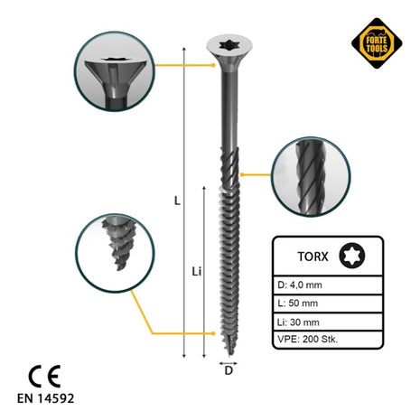 FORTE Tools tornillo universal para madera 4,0 x 50 mm T20 200 piezas (000040113870) galvanizado en plata Torx cabeza avellanada rosca parcial