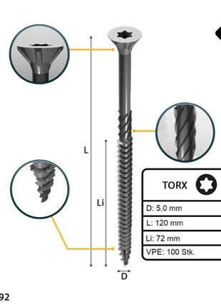 FORTE Tools Tornillo universal para madera 5,0 x 120 mm T25 100 piezas (000040113879) galvanizado en plata Torx cabeza avellanada rosca parcial