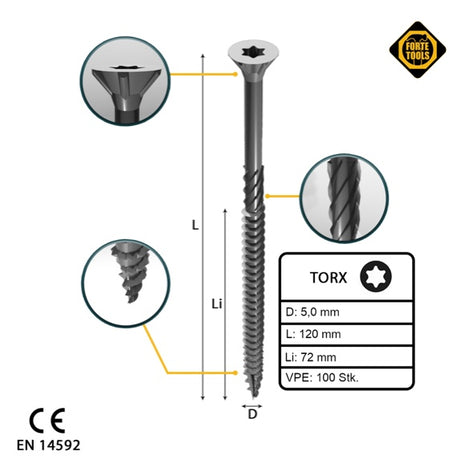 FORTE Tools Tornillo universal para madera 5,0 x 120 mm T25 100 piezas (000040113879) galvanizado en plata Torx cabeza avellanada rosca parcial