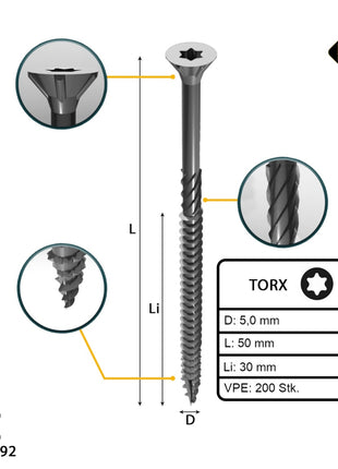 FORTE Tools Tornillo universal para madera 5,0 x 50 mm T25 200 piezas (000040113881) galvanizado en plata Torx cabeza avellanada rosca parcial