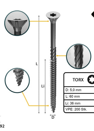 FORTE Tools Universal Holzschraube 5,0 x 60 mm T25 200 Stk. ( 000040113882 ) silber verzinkt Torx Senkkopf Teilgewinde