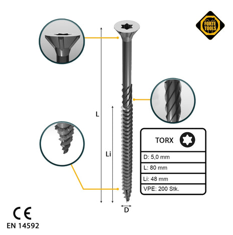 FORTE Tools Tornillo universal para madera 5,0 x 80 mm T25 200 piezas (000040113884) galvanizado en plata Torx cabeza avellanada rosca parcial