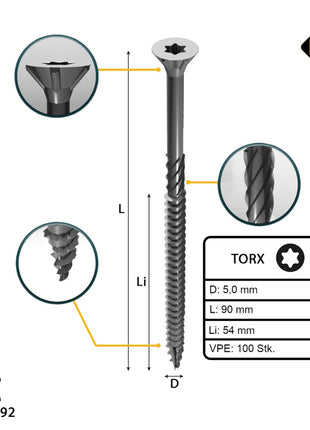 FORTE Tools tornillo universal para madera 5,0 x 90 mm T25 100 piezas (000040113885) rosca parcial Torx cabeza avellanada galvanizada plateada