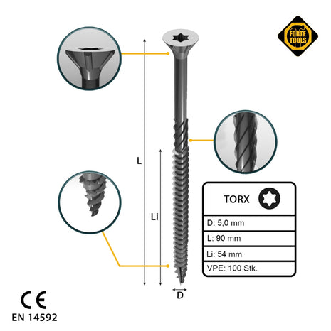 FORTE Tools tornillo universal para madera 5,0 x 90 mm T25 100 piezas (000040113885) rosca parcial Torx cabeza avellanada galvanizada plateada