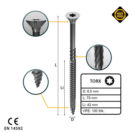 FORTE Tools Tornillo universal para madera 6,0 x 70 mm T30 100 piezas (000040113890) galvanizado en plata Torx cabeza avellanada rosca parcial