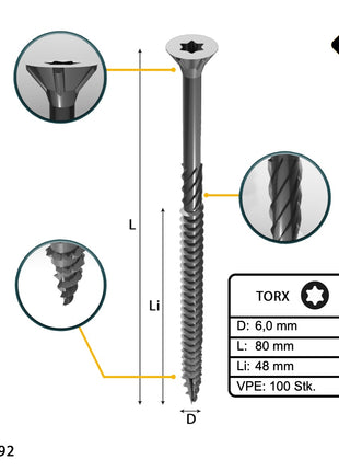 FORTE Tools Tornillo universal para madera 6,0 x 80 mm T30 100 piezas (000040113891) galvanizado en plata Torx cabeza avellanada rosca parcial