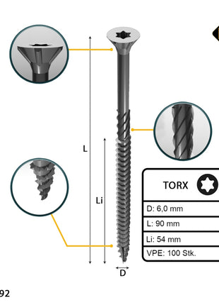 FORTE Tools Tornillo universal para madera 6,0 x 90 mm T30 100 piezas (000040113892) galvanizado en plata Torx cabeza avellanada rosca parcial