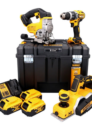 Kit combinado de batería DeWalt taladro percutor DCD 796 de 18 V + sierra de calar DCS 331 + cepilladora DCP 580 + 3x baterías 5,0 Ah + cargador + TSTAK