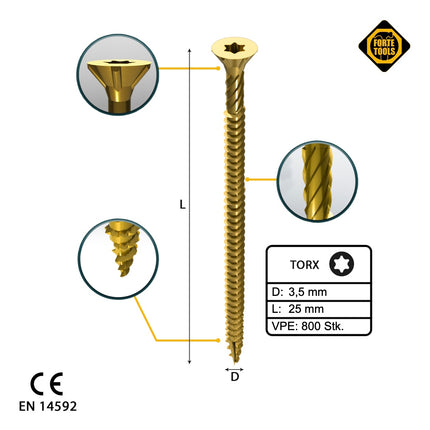 FORTE Tools Tornillo universal para madera 3,5 x 25 mm T15 800 piezas (4x 000051399467) Torx galvanizado amarillo cabeza avellanada rosca completa