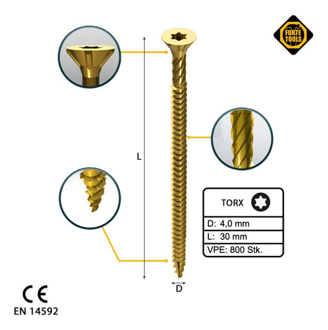 FORTE Tools Universal Holzschraube 4,0 x 30 mm T20 800 Stk. ( 4x 000051399473 ) gelb verzinkt Torx Senkkopf Vollgewinde