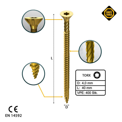 FORTE Tools Tornillo universal para madera 4,0 x 40 mm T20 400 piezas (2x 000051399474) Torx galvanizado amarillo cabeza avellanada rosca completa