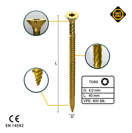 FORTE Tools Tornillo universal para madera 4,0 x 40 mm T20 400 piezas (2x 000051399474) Torx galvanizado amarillo cabeza avellanada rosca completa