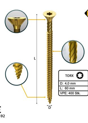 FORTE Tools tornillo universal para madera 4,0 x 60 mm T20 400 piezas (2x 000051399476) cabeza avellanada Torx galvanizada amarilla rosca completa