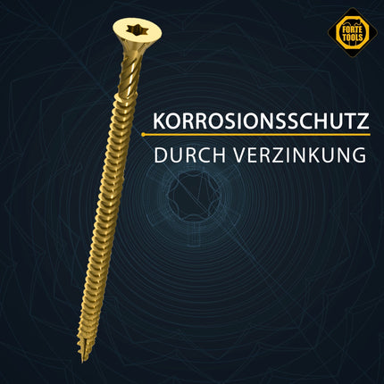 FORTE Tools tornillo universal para madera 4,0 x 60 mm T20 800 piezas (4x 000051399476) cabeza avellanada Torx galvanizada amarilla rosca completa