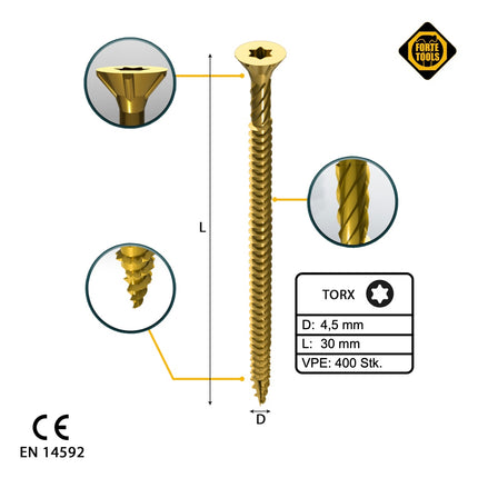 FORTE Tools tornillo universal para madera 4,5 x 30 mm T20 400 piezas (2x 000051399477) Torx galvanizado amarillo cabeza avellanada rosca completa