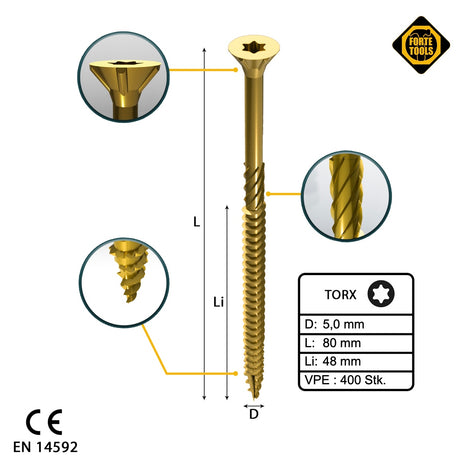 FORTE Tools Tornillo universal para madera 5,0 x 80 mm T25 400 piezas (2x 000051399489) rosca parcial Torx cabeza avellanada galvanizada amarilla