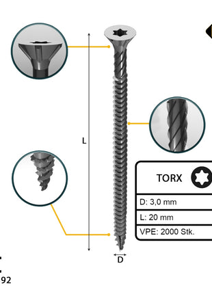 FORTE Tools Universal Holzschraube 3,0 x 20 mm T10 2000 Stk. ( 4x 000040113857 ) silber verzinkt Torx Senkkopf Vollgewinde