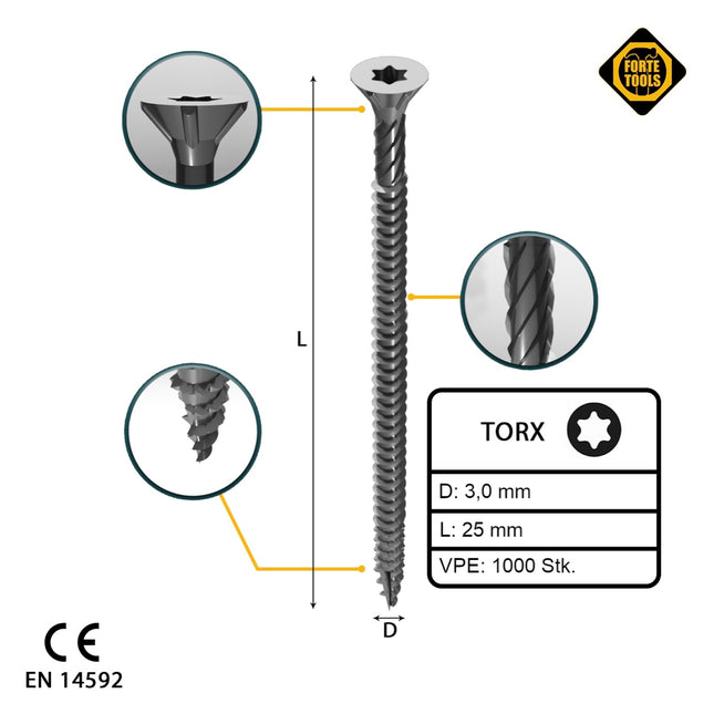 FORTE Tools tornillo universal para madera 3,0 x 25 mm T10 1000 piezas (2x 000040113858) galvanizado en plata Torx cabeza avellanada rosca completa