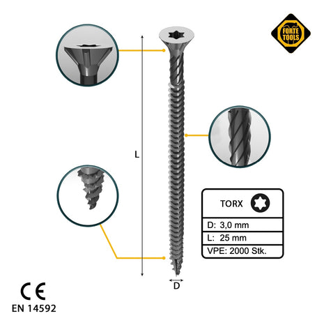 FORTE Tools Tornillo universal para madera 3,0 x 25 mm T10 2000 piezas (4x 000040113858) galvanizado en plata Torx cabeza avellanada rosca completa