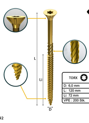 FORTE Tools Tornillo universal para madera 6,0 x 120 mm T30 200 piezas (2x 000051399492) rosca parcial Torx cabeza avellanada galvanizada amarilla