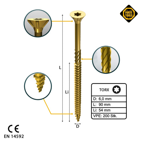 FORTE Tools Vis à bois universelle 6,0 x 90 mm T30, Galvanisée jaune, Tête fraisée Torx, Filetage partiel, 200 pcs. (2x 000051399497)