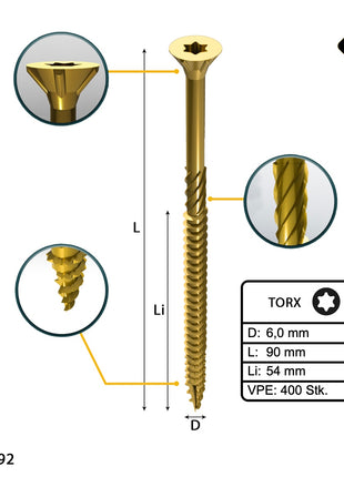 FORTE Tools Tornillo universal para madera 6,0 x 90 mm T30 400 piezas (4x 000051399497) rosca parcial Torx cabeza avellanada galvanizada amarilla