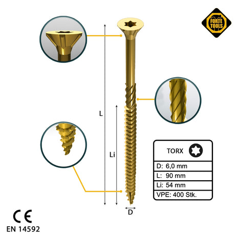 FORTE Tools Tornillo universal para madera 6,0 x 90 mm T30 400 piezas (4x 000051399497) rosca parcial Torx cabeza avellanada galvanizada amarilla